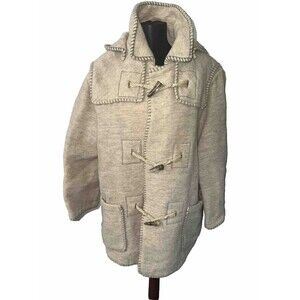 Vintage Benneton Womens Laine Wool Hooded Duffel Coat Beige Toggle Size 44